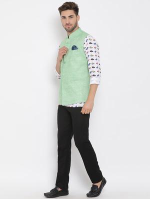 white printed linen kurta trouser set with solid nehru jacket - 17976439 - Standard Image - 2