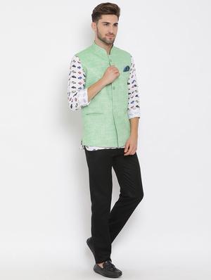 white printed linen kurta trouser set with solid nehru jacket - 17976439 - Standard Image - 3