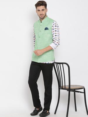 white printed linen kurta trouser set with solid nehru jacket - 17976439 - Standard Image - 4