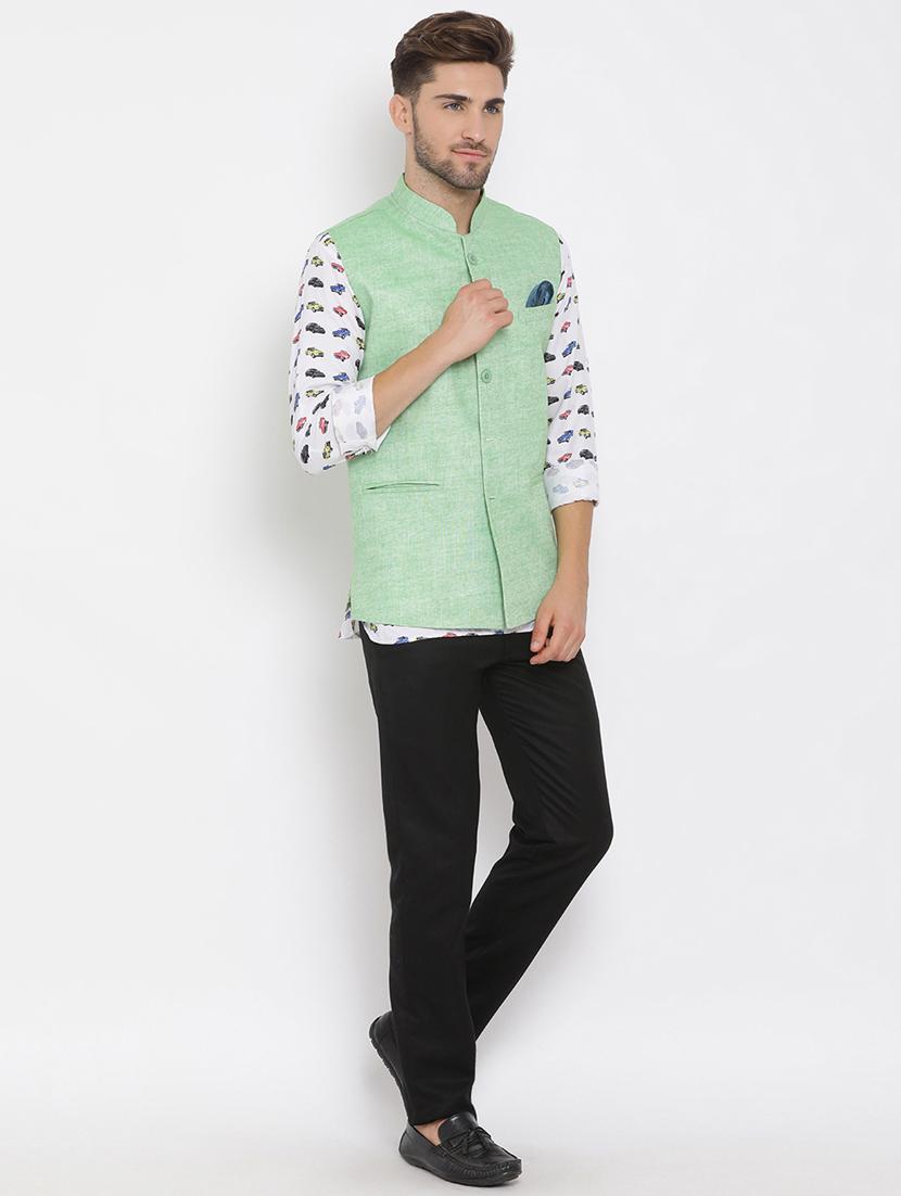 white printed linen kurta trouser set with solid nehru jacket - 17976439 - Zoom Image - 3
