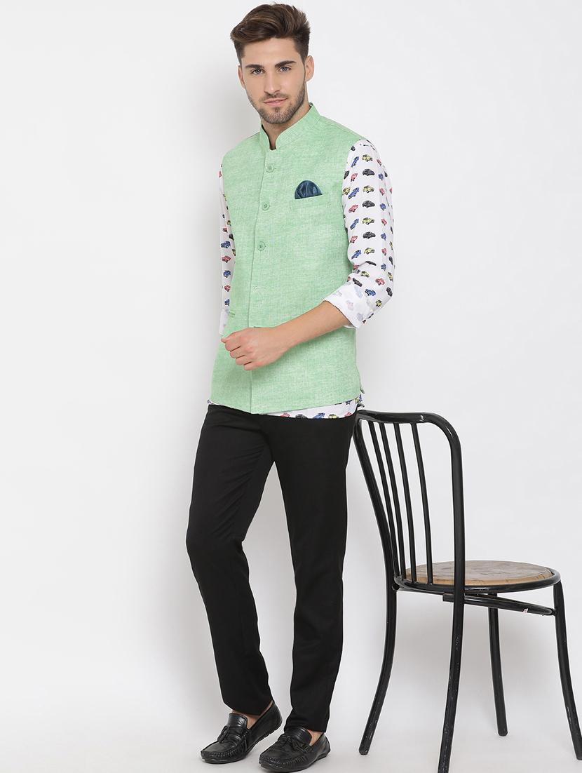 white printed linen kurta trouser set with solid nehru jacket - 17976439 - Zoom Image - 4
