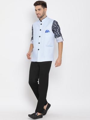 blue printed linen kurta trouser set with solid nehru jacket - 17976440 - Standard Image - 3