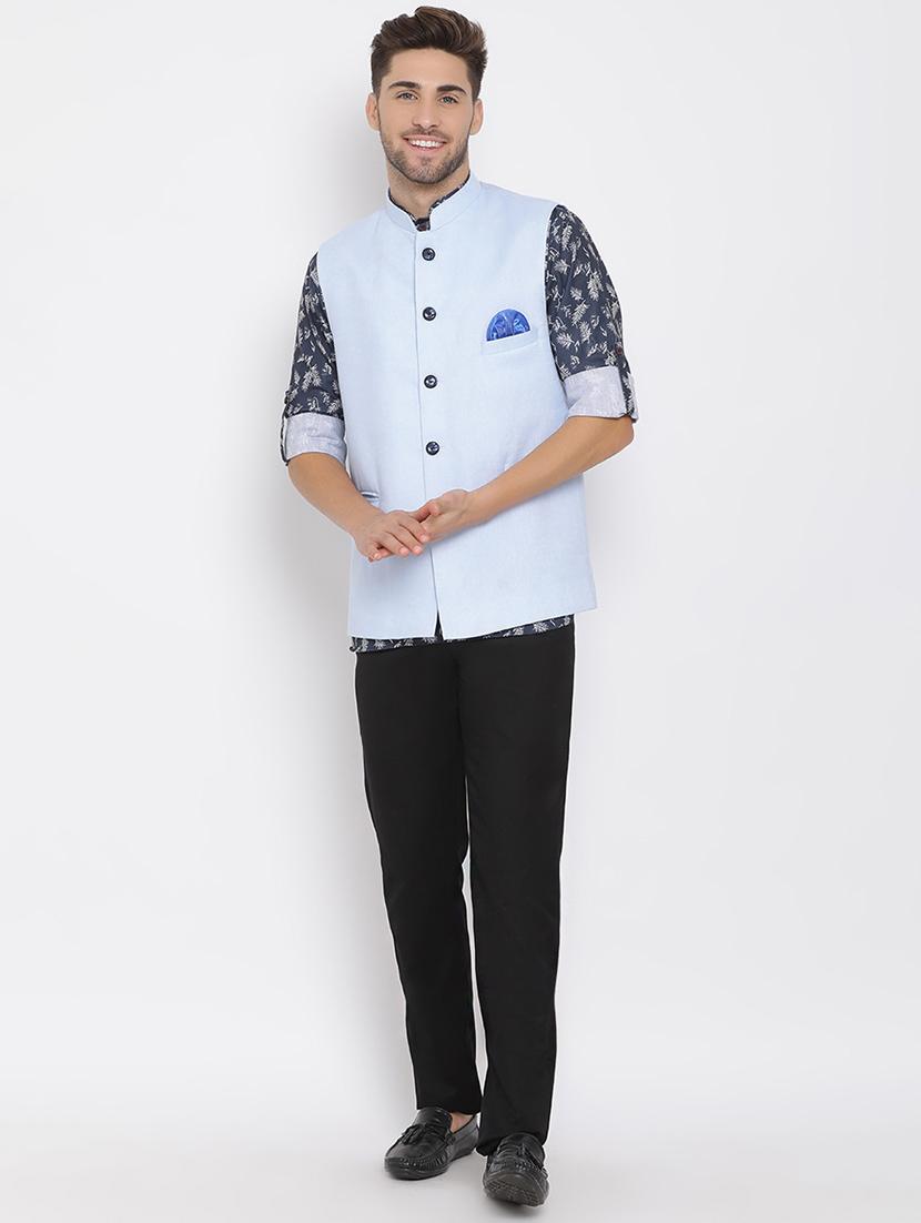 blue printed linen kurta trouser set with solid nehru jacket - 17976440 - Zoom Image - 2