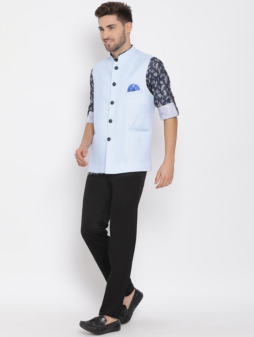 blue printed linen kurta trouser set with solid nehru jacket - 17976440 - Zoom Image - 3