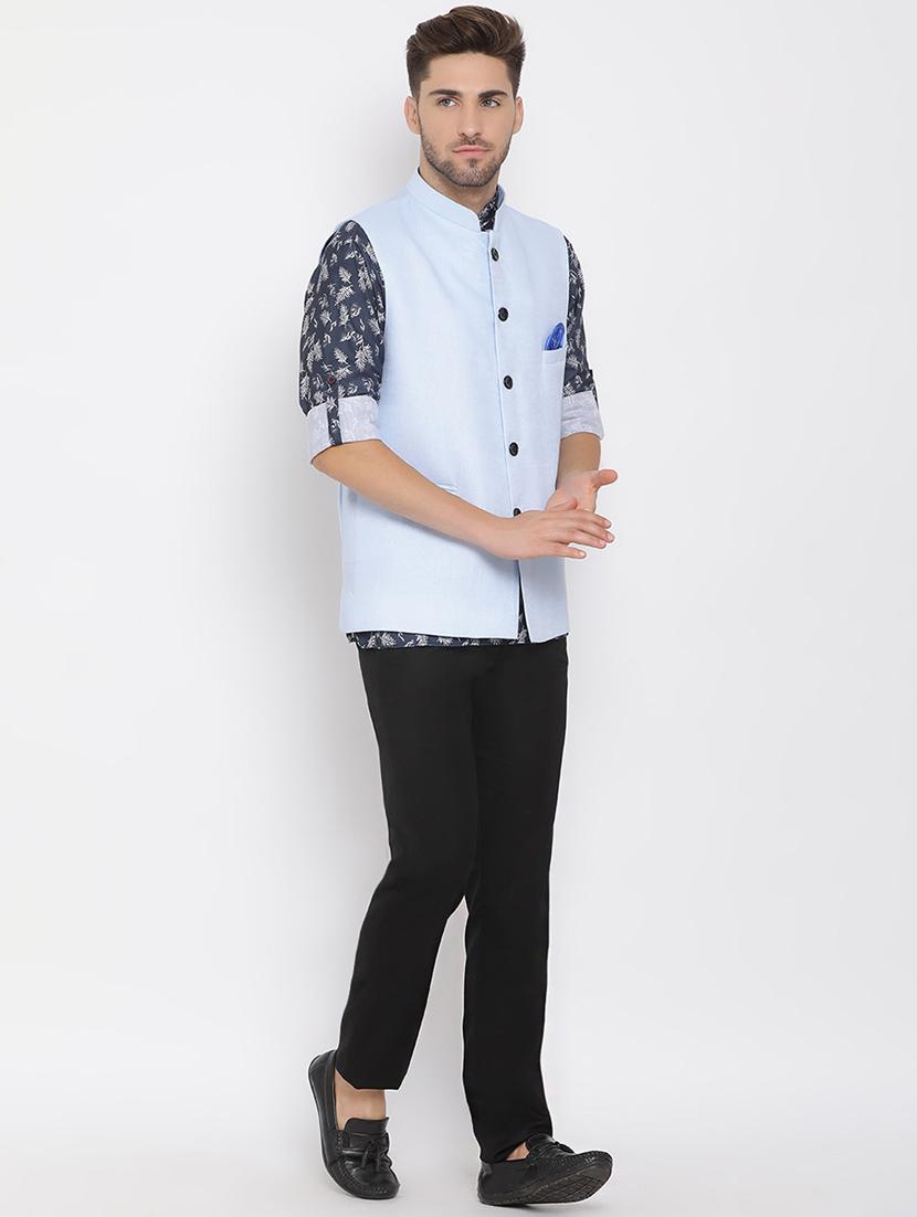 blue printed linen kurta trouser set with solid nehru jacket - 17976440 - Zoom Image - 4