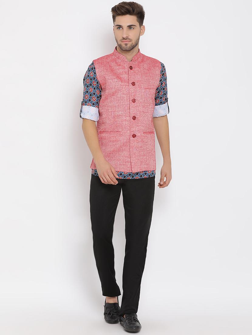 blue printed linen kurta trouser set with solid nehru jacket - 17976443 - Zoom Image - 1