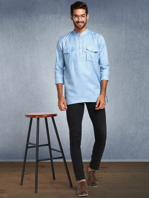 light blue solid short kurta - 17976667 - Standard Image - 4