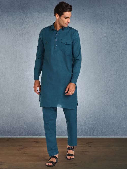teal blue solid kurta pyjama ethnic wear set - 17976713 - Standard Image - 1