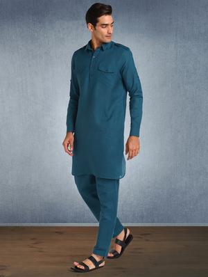 teal blue solid kurta pyjama ethnic wear set - 17976713 - Standard Image - 2