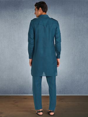 teal blue solid kurta pyjama ethnic wear set - 17976713 - Standard Image - 3