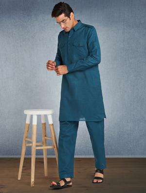teal blue solid kurta pyjama ethnic wear set - 17976713 - Standard Image - 4
