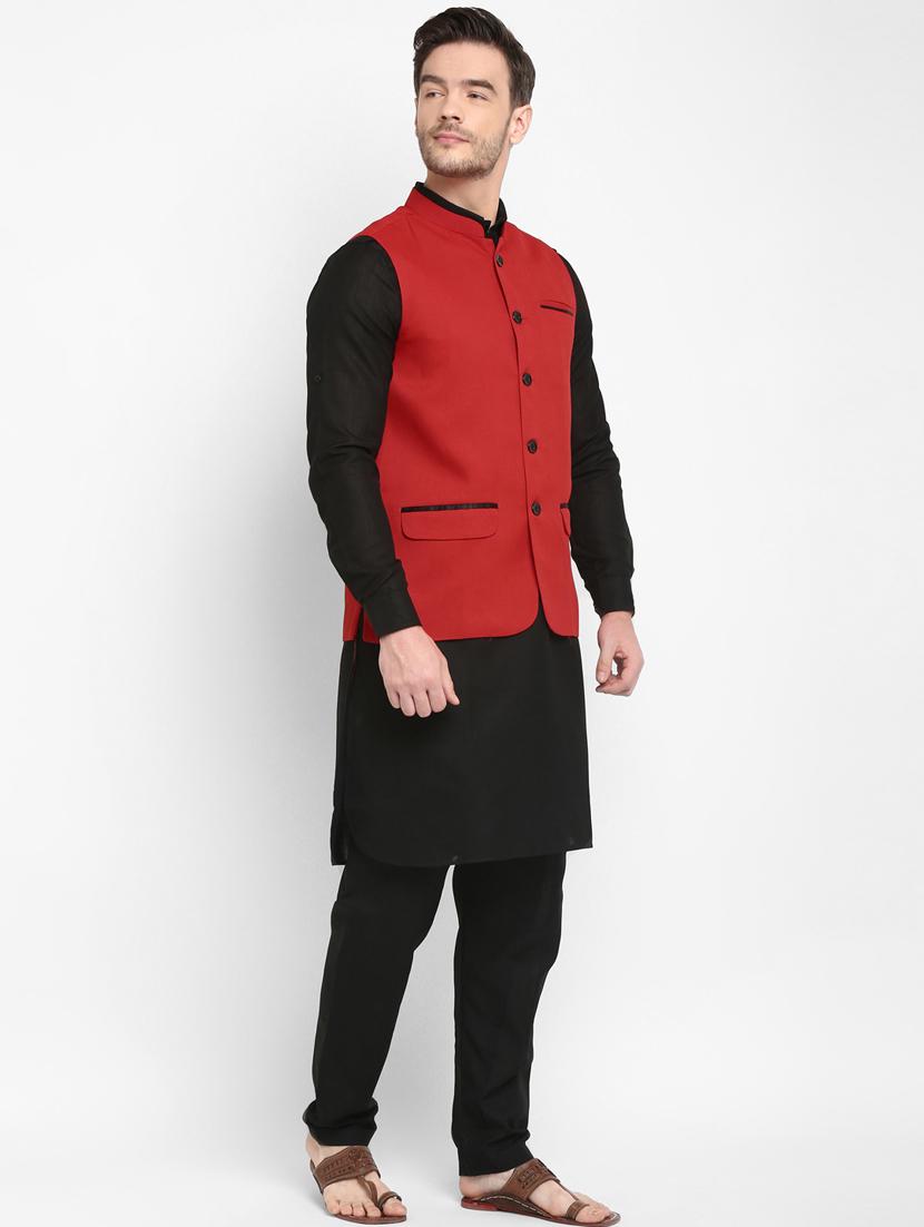 black solid kurta pyjama set with red solid nehru jacket