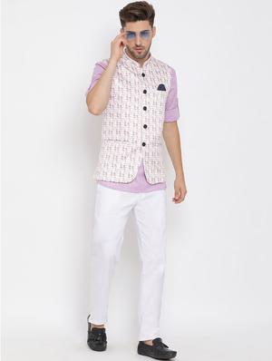 purple solid kurta trouser set with white printed jacket - 17976755 - Standard Image - 4