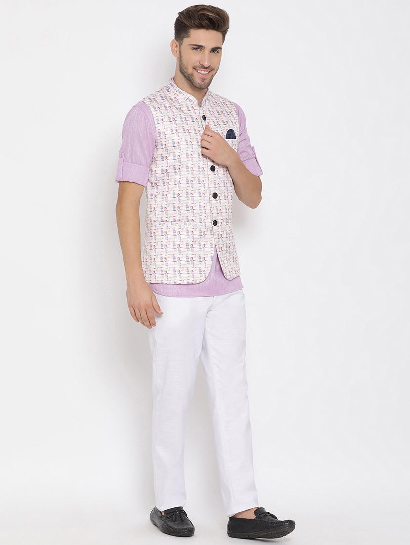 purple solid kurta trouser set with white printed jacket - 17976755 - Zoom Image - 2