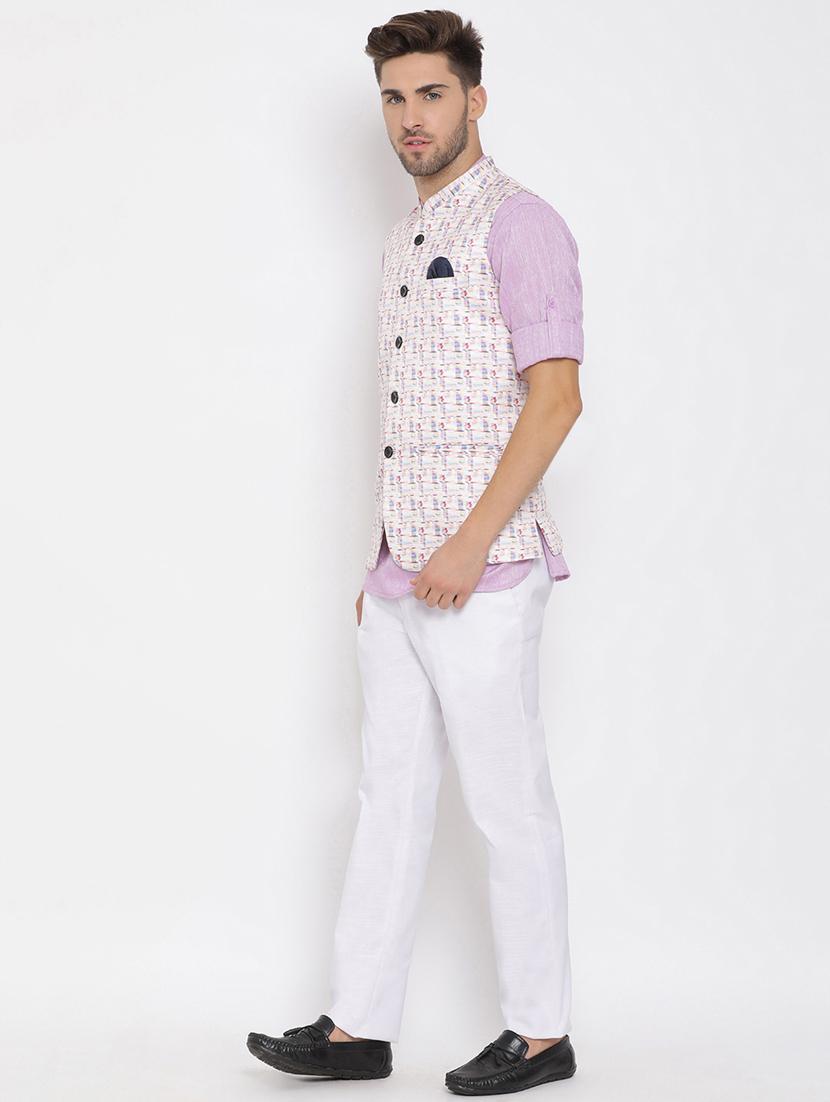 purple solid kurta trouser set with white printed jacket - 17976755 - Zoom Image - 3