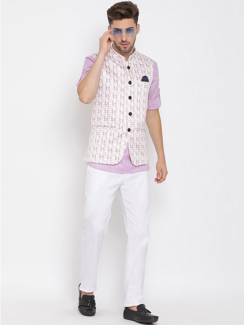 purple solid kurta trouser set with white printed jacket - 17976755 - Zoom Image - 4