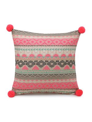 dazzle collection by mezposh : coral & multi acrylic lurex jacquard ethnic motifs cushion cover with pompoms (16x16in) - 17977646 - Standard Image - 3