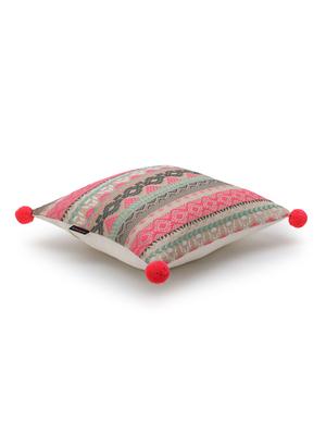 dazzle collection by mezposh : coral & multi acrylic lurex jacquard ethnic motifs cushion cover with pompoms (16x16in) - 17977646 - Standard Image - 4