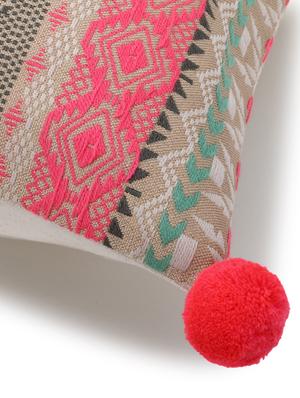 dazzle collection by mezposh : coral & multi acrylic lurex jacquard ethnic motifs cushion cover with pompoms (16x16in) - 17977646 - Standard Image - 5