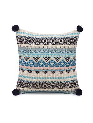 dazzle collection by mezposh : coral & multi acrylic lurex jacquard ethnic motifs cushion cover with pompoms (16x16in) - 17977647 - Standard Image - 4