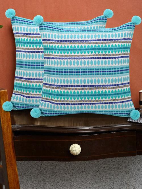 stave collection by mezposh : sea green & multi acrylic jacquard striped cushion cover with pompoms (16x16in) set of 2 - 17977665 - Standard Image - 1