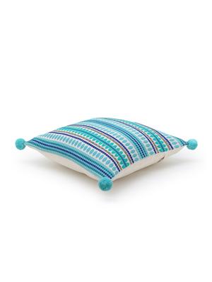 stave collection by mezposh : sea green & multi acrylic jacquard striped cushion cover with pompoms (16x16in) set of 2 - 17977665 - Standard Image - 3
