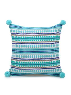 stave collection by mezposh : sea green & multi acrylic jacquard striped cushion cover with pompoms (16x16in) set of 2 - 17977665 - Standard Image - 4