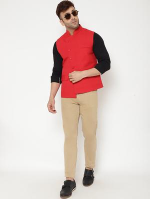 red solid nehru jacket - 17982880 - Standard Image - 4