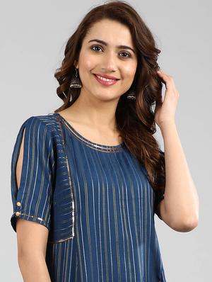 blue printed a-line kurta - 17985073 - Standard Image - 6
