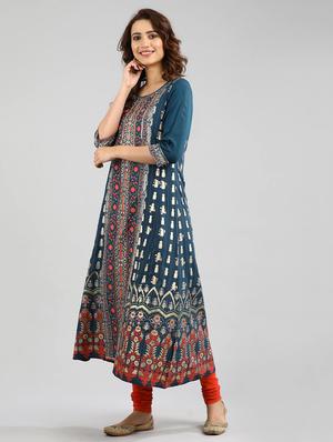 blue printed a-line kurta - 17985290 - Standard Image - 4
