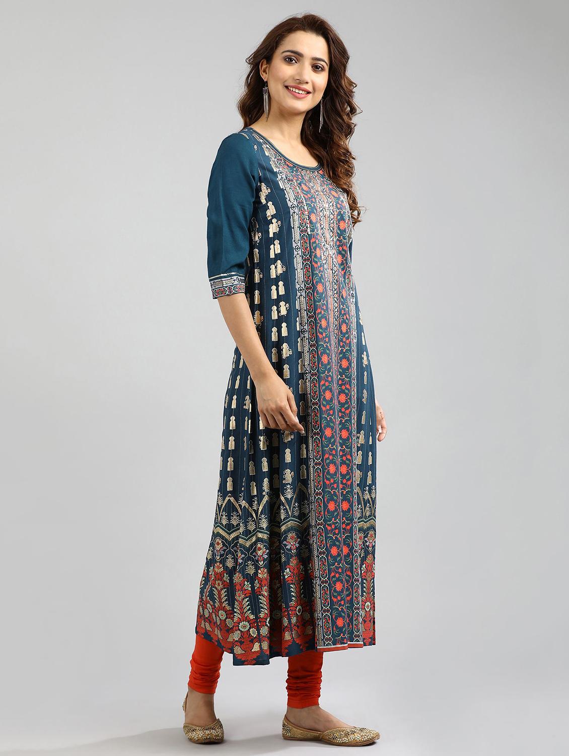 blue printed a-line kurta - 17985290 - Zoom Image - 2