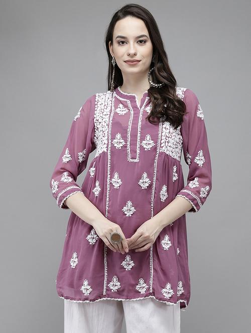 ada hand-embroidered chikankari purple a-line kurti - 17989381 - Standard Image - 1