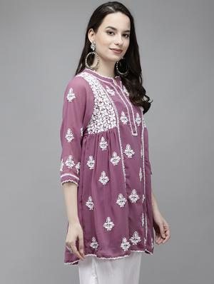 ada hand-embroidered chikankari purple a-line kurti - 17989381 - Standard Image - 2