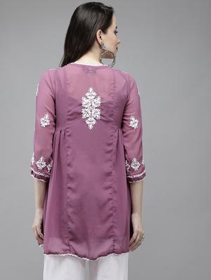 ada hand-embroidered chikankari purple a-line kurti - 17989381 - Standard Image - 3