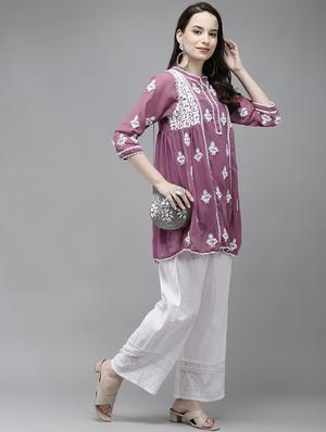 ada hand-embroidered chikankari purple a-line kurti - 17989381 - Standard Image - 4