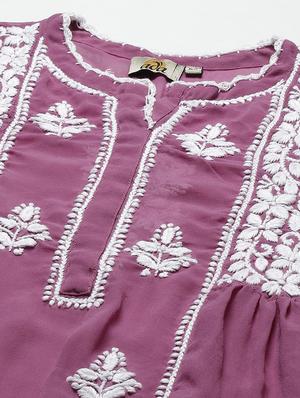 ada hand-embroidered chikankari purple a-line kurti - 17989381 - Standard Image - 5