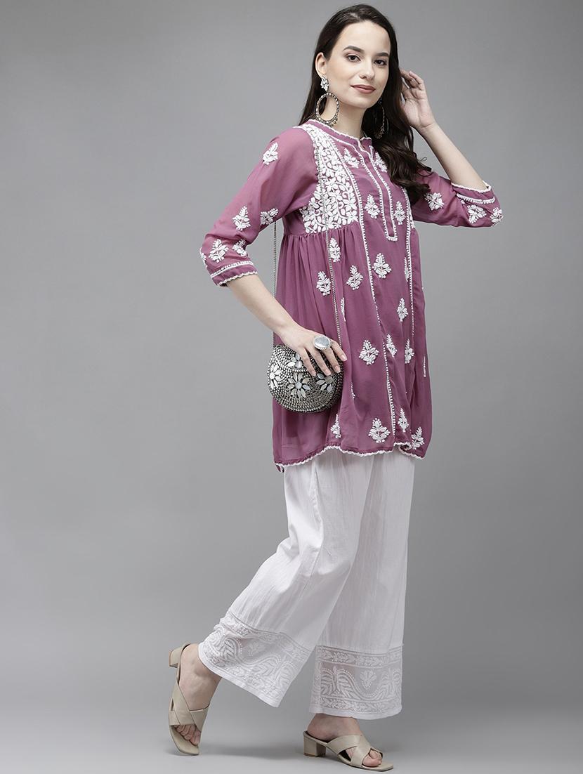 ada hand-embroidered chikankari purple a-line kurti - 17989381 - Zoom Image - 4