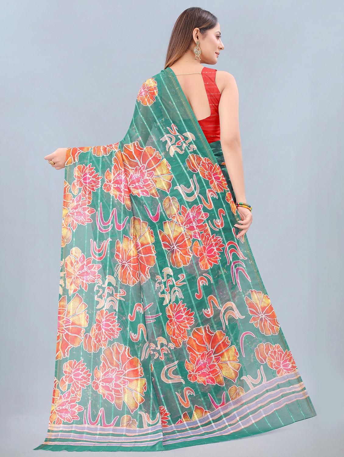 floral print woven saree with blouse - 17998282 - Zoom Image - 2