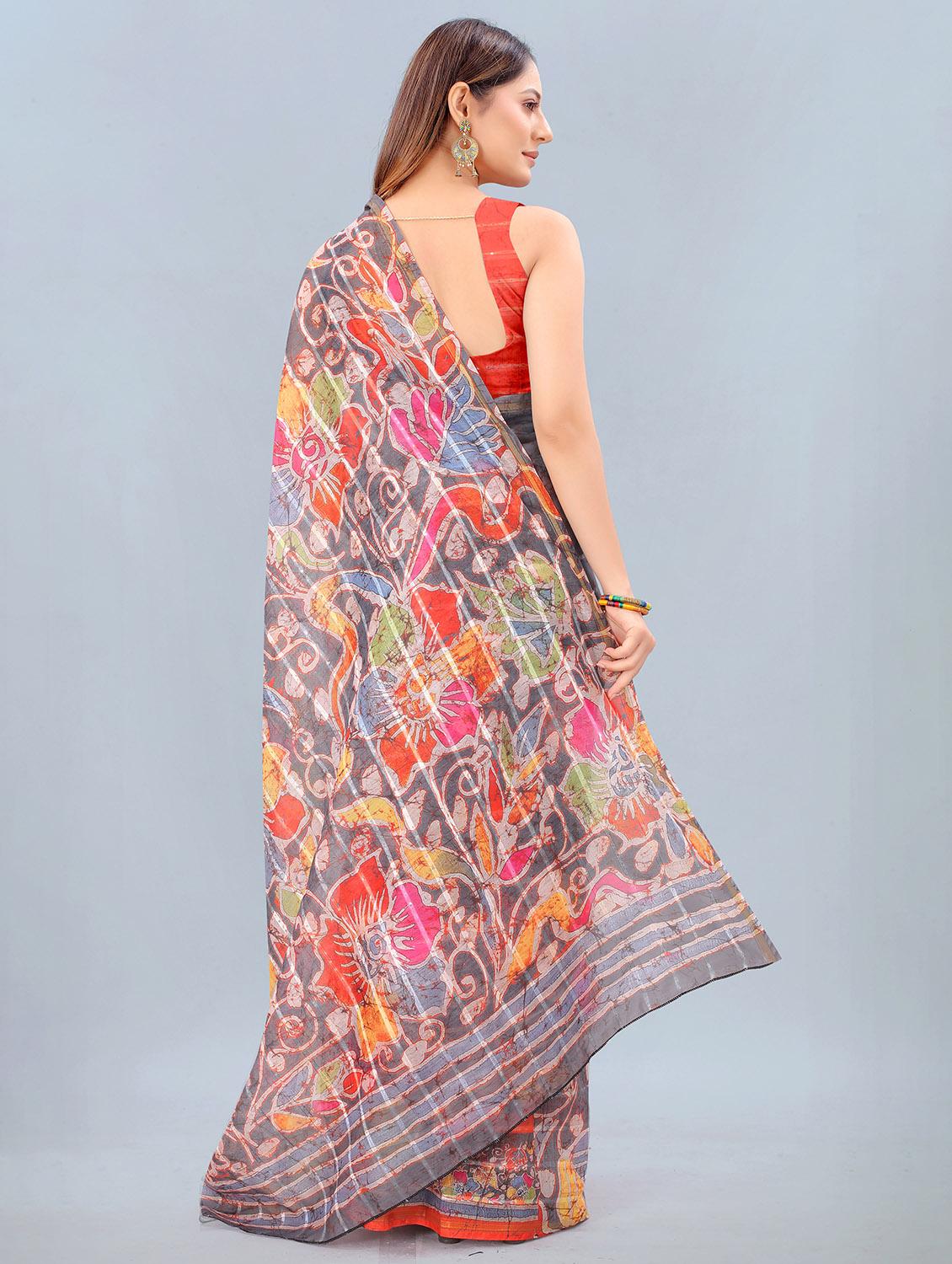 floral print woven saree with blouse - 17998285 - Zoom Image - 2