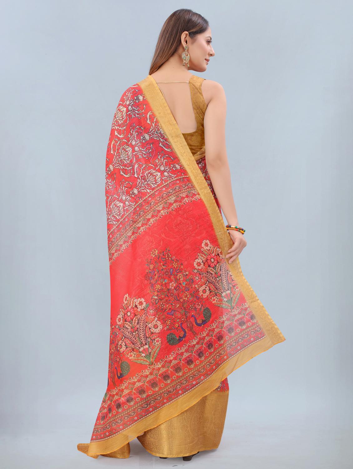 floral print woven saree with blouse - 17998295 - Zoom Image - 2