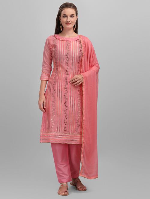 pink chanderi cotton straight pant suits unstitched suit - 17998348 - Very Small Image - 1