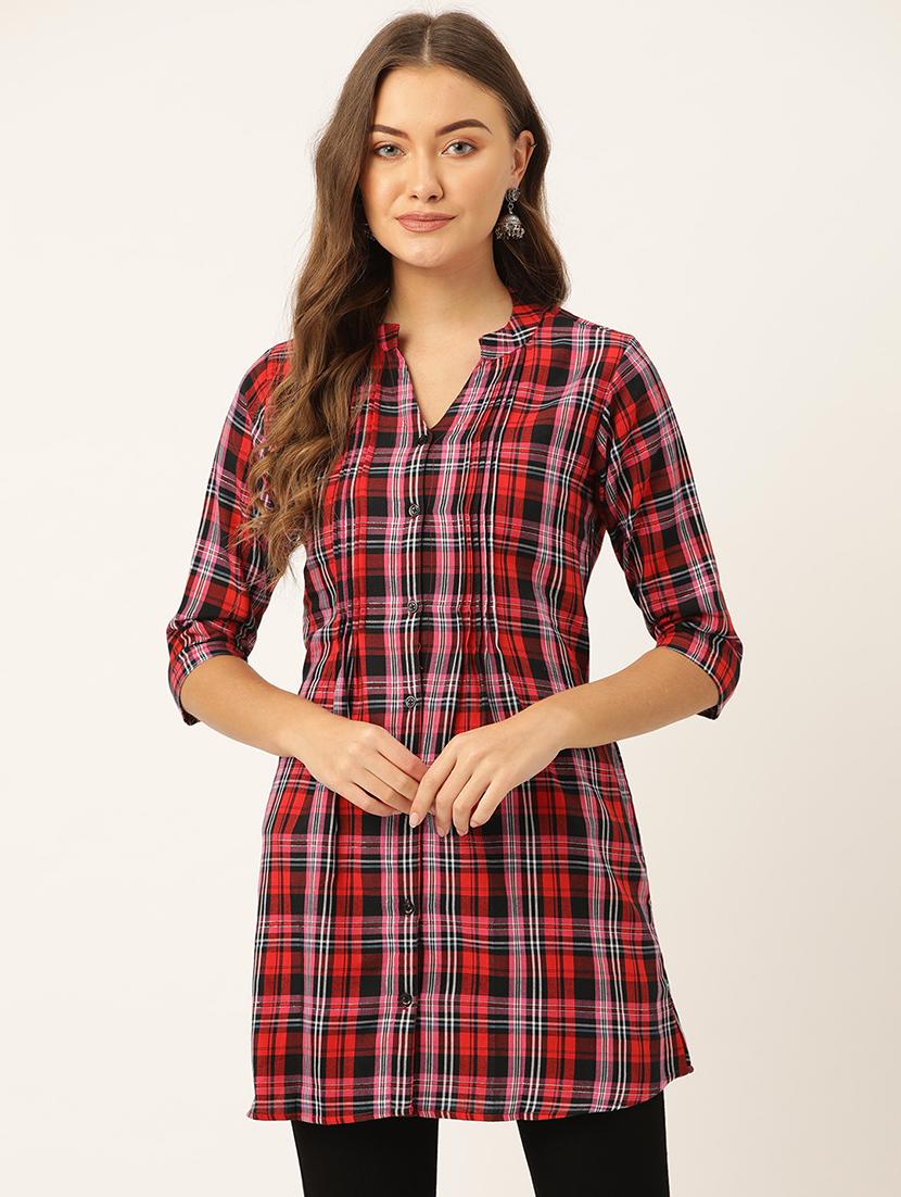 mandarin neck checkered tunic - 18000058 - Zoom Image - 1