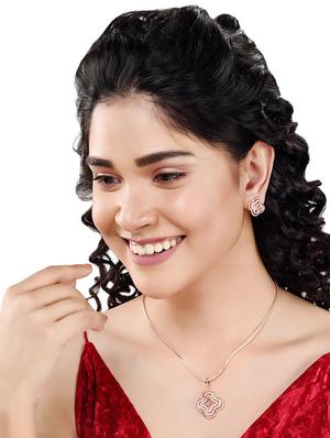 rose gold plated studded floral design pendant earrings set with chain - 18002735 - Standard Image - 4