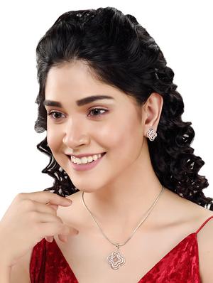white rhodium studded floral design pendant earrings set with chain - 18002736 - Standard Image - 4