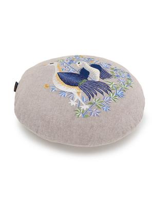 mezposh rustic natural and blue cotton quirky bird embroidered cushion cover (16 dia) - 18007130 - Standard Image - 3