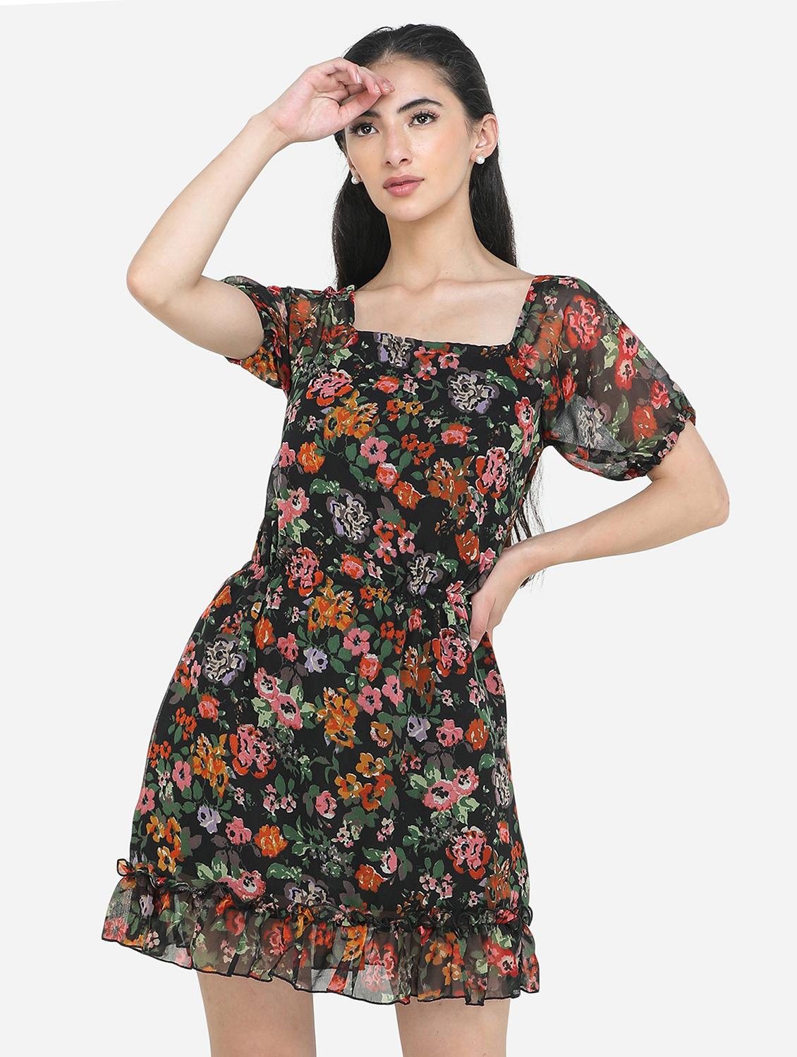square neck floral a-line dress - 18007616 - Zoom Image - 1