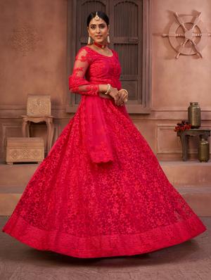 red net flared lehenga - 18008498 - Standard Image - 3