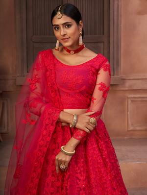 red net flared lehenga - 18008498 - Standard Image - 4