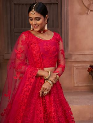 red net flared lehenga - 18008498 - Standard Image - 5