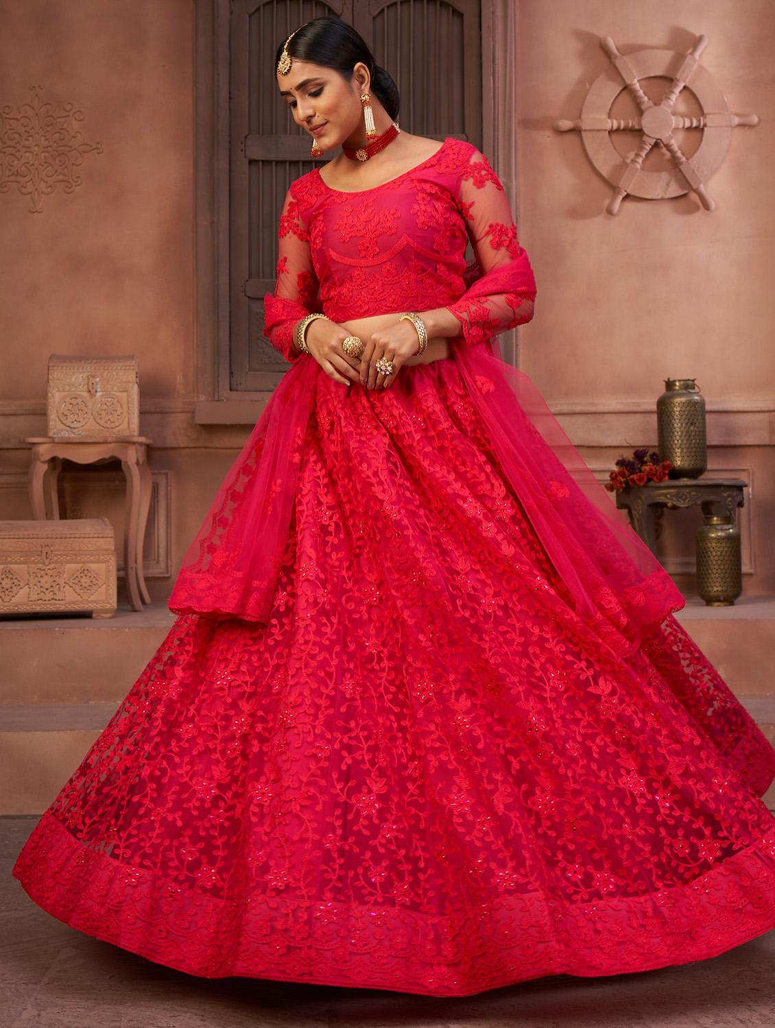 red net flared lehenga - 18008498 - Zoom Image - 2